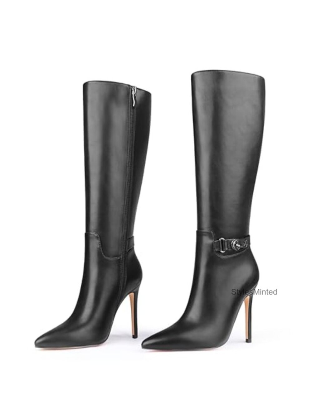 Knee High Stiletto Boots Faux Leather Pointed Toe Zipper